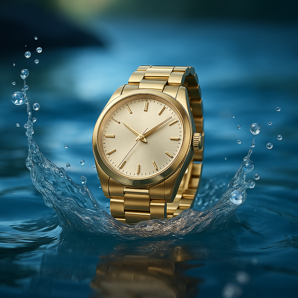 Gold watch splashing in water